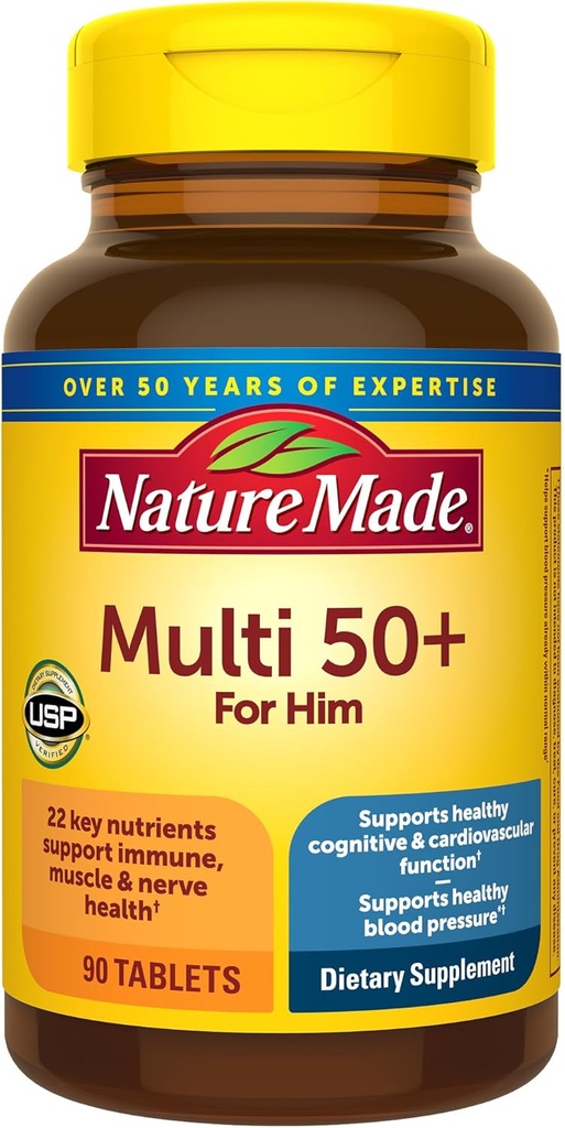 Multivitaminas hechas de la naturaleza para hombres de más de 50, Multivitaminas Mens 50 Plus, Soporte nutricional diario, multi vitaminas hechas de la naturaleza, 90 Tabletas, 90 Day Supply