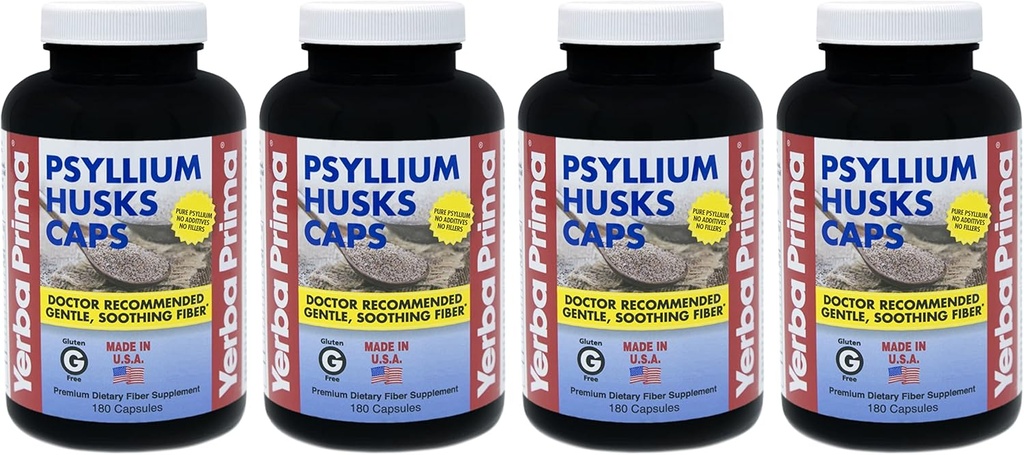 Yerba Prima Psyllium Husks Caps - 180 caps (Pack of 4) - Suplemento de fibra natural - Gluten sin GMO