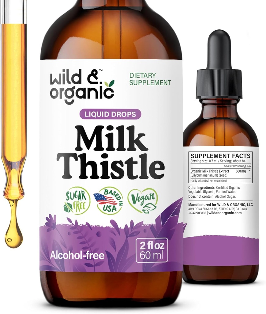 Wild & Organic Milk Thistle Extract Drops - Liver Cleanse Support - Milk Thistle Liver Detox Tincture - Silymarin Supplement - Silybum Marianum Seeds - Vegan, Sugar & Alcohol-Free - 2 fl oz
