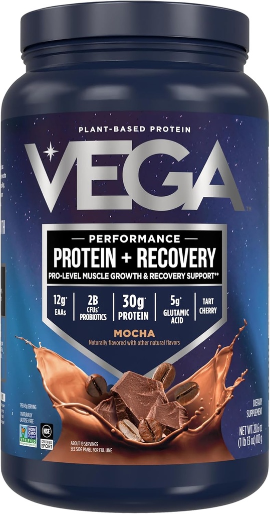 Vega Sport Vegan Protein Powder + Recuperación - 30g Plant Based Protein per Serving, Mocha, 19 Servings, 5g BCAAs, Probiotics, NSF Certified, For Shakes & Smoothies, 1.8lbs (Packaging May Vary)