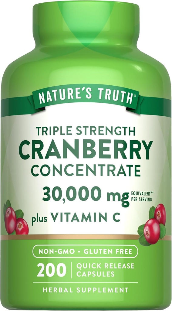 La verdad de la naturaleza Cranberry Concentrate Pills Silencio Plus Vitamin C TENIDO 30,000mg Silencio 200 Quick Release Capsules ← Non-GMO & Gluten Free Supplement