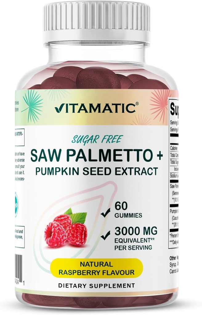 Vitamatic Sugar-Free Saw Palmetto con semilla de calabaza – 3000 mg Equivalente por ser – Natural Raspberry Flavor – 60 Gummies