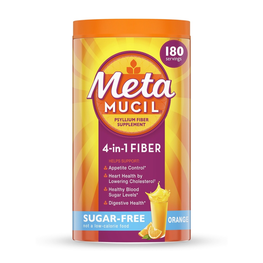 Metamucil 4-en-1 Psyllium Husk Suplemento de fibra, sin azúcar, 180 cucharaditas, Orange Flavored, Daily Fiber Powder for Digestive Health, fabricado con Psyllium Husk Fiber