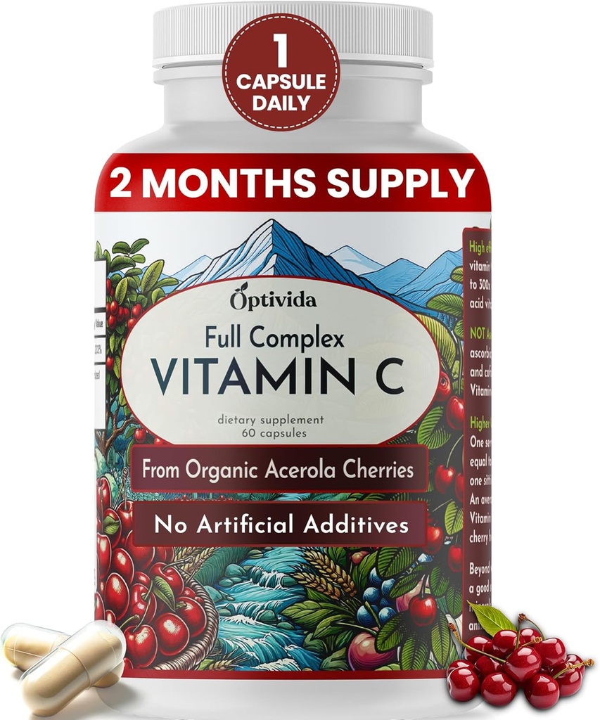 OPTIVIDA Planta base Natural Acerola Cherry Vitamina C Capsules  vírgenes 60 Conde ← Vitamina Orgánica C Silencio No Ácido Acúbico Suplemento Vegano para Soporte Inmunitario, Esquí saludable &amp; Juntas