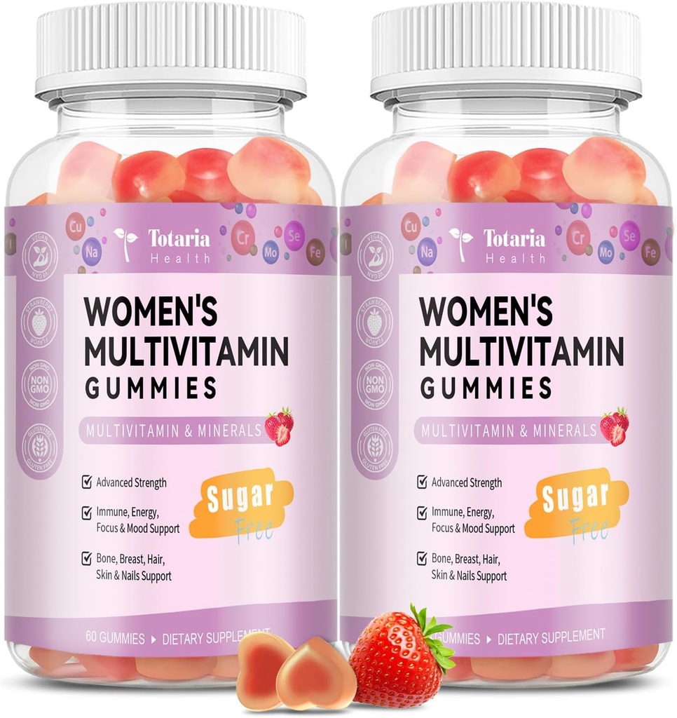 Totaria Sugar Free Multivitamin Gummies for Women 14+ w/Inositol, Iron, Folate, Biotin, Womens Daily Multivitamin Gummy w/Vitamin A, D, C, B, Support Hair, Skin, Energy, Immune, Strawberry Flavor