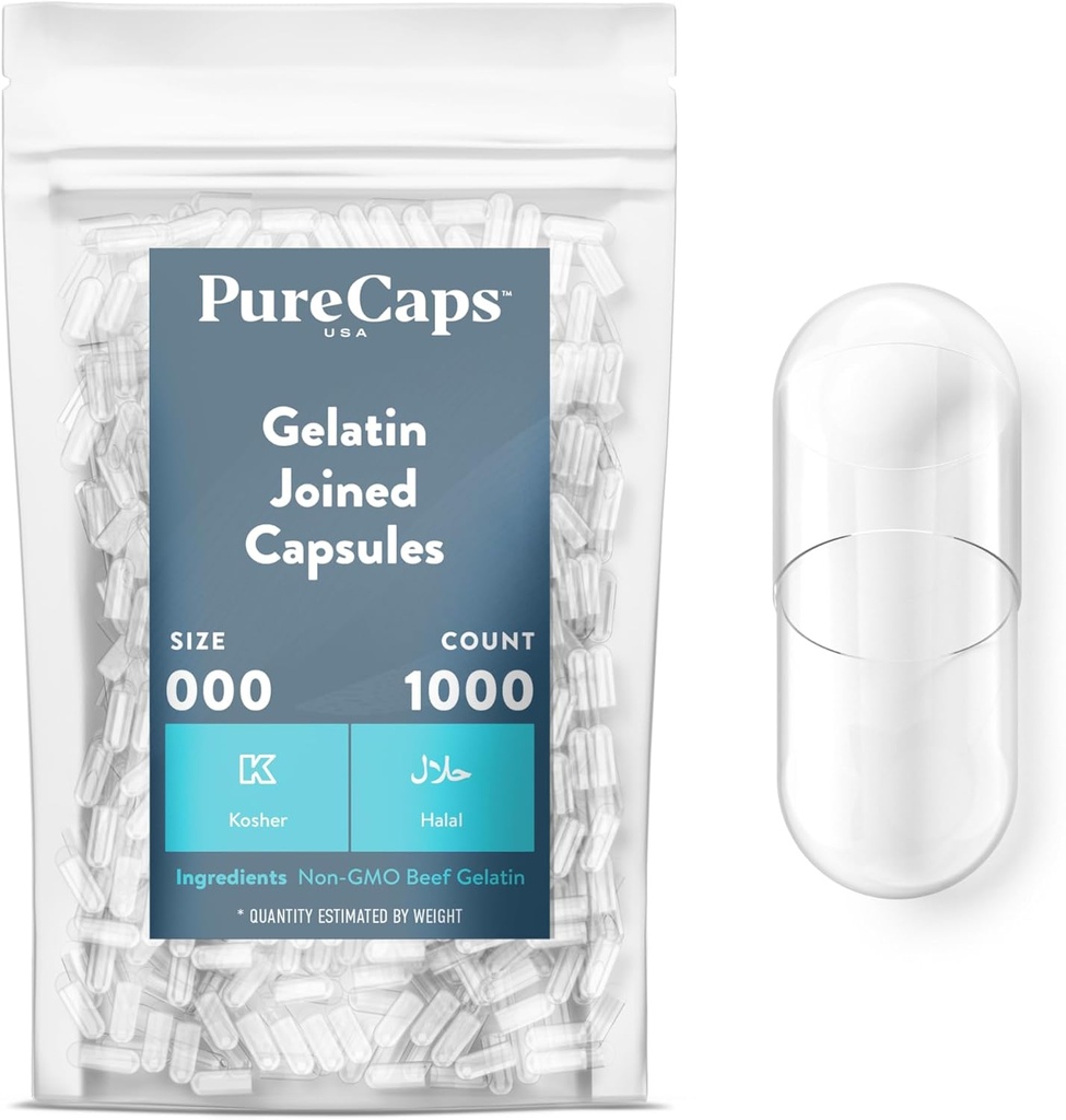 PureCaps USA - Empty Gelatin Pill Capsules Tamaño 000 tención 1,000 Únete a Pills   Clear WordPress Non-GMO Certified ¦ SLS, Gluten, Preservative Free