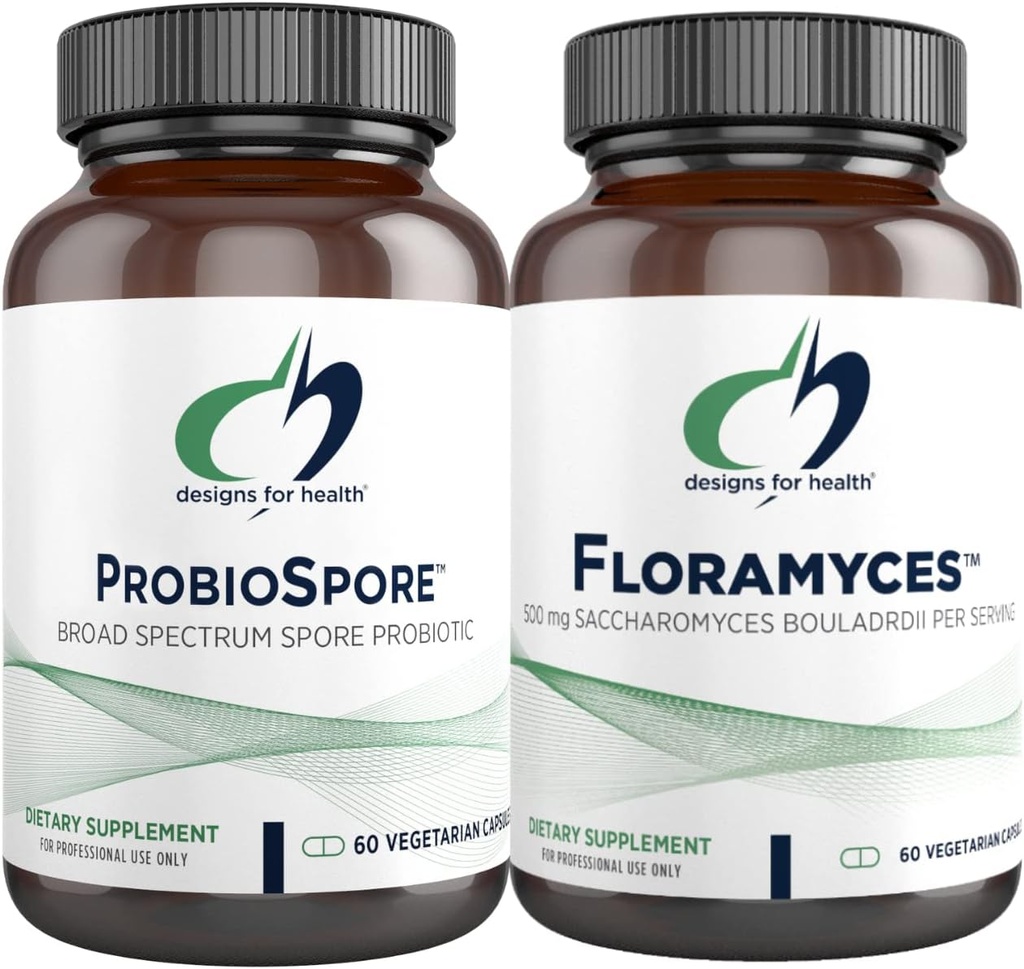 Diseños para Saccharomyces de Salud Boulardii (60 cápsulas) + Probiótico Basado en Espora Probio (60 cápsulas) - 2 Suplementos de Salud Gut - Probióticos Digestivos de Estante, Resistente Ácido