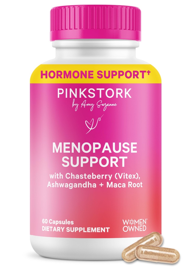 Pink Stork Menopause Support for Women - Hot Flash, Mood, Sleep, Weight, Cortisol &amp; Hormonal Balance - Vegan, Estrogen-Free Perimenopause Relief - Ashwagandha, Maca - 60 cápsulas