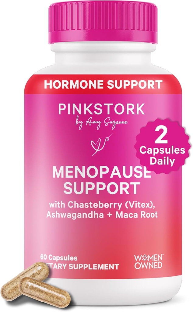 Pink Stork Menopause Support for Women - Hot Flash, Mood, Sleep, Weight, Cortisol &amp; Hormonal Balance - Vegan, Estrogen-Free Perimenopause Relief - Ashwagandha, Maca - 60 cápsulas