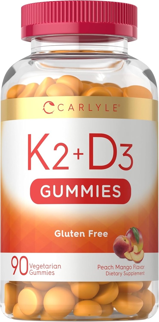 Carlyle Vitamin D3 K2 Gummies Silencio 90 Conde ← 5,000 UI de D3 + 100 mcg MK7 Silencio Vegetariano, No GMO, y Gluten suplemento de vitamina libre