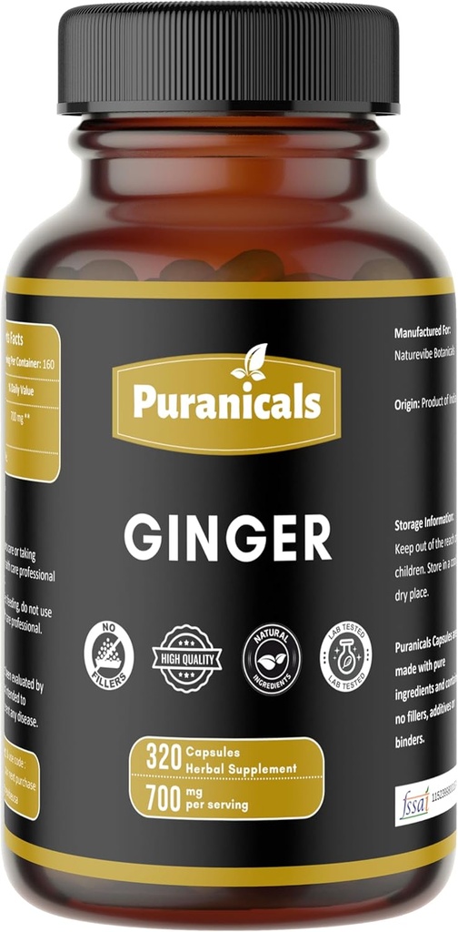 Ginger Premium 320 Cápsulas No GMO y Gluten Gratis ← Suplemento Herbal tención 700 mg Por Serving Silencio Hecho con 100% Pure Ginger Root Powder