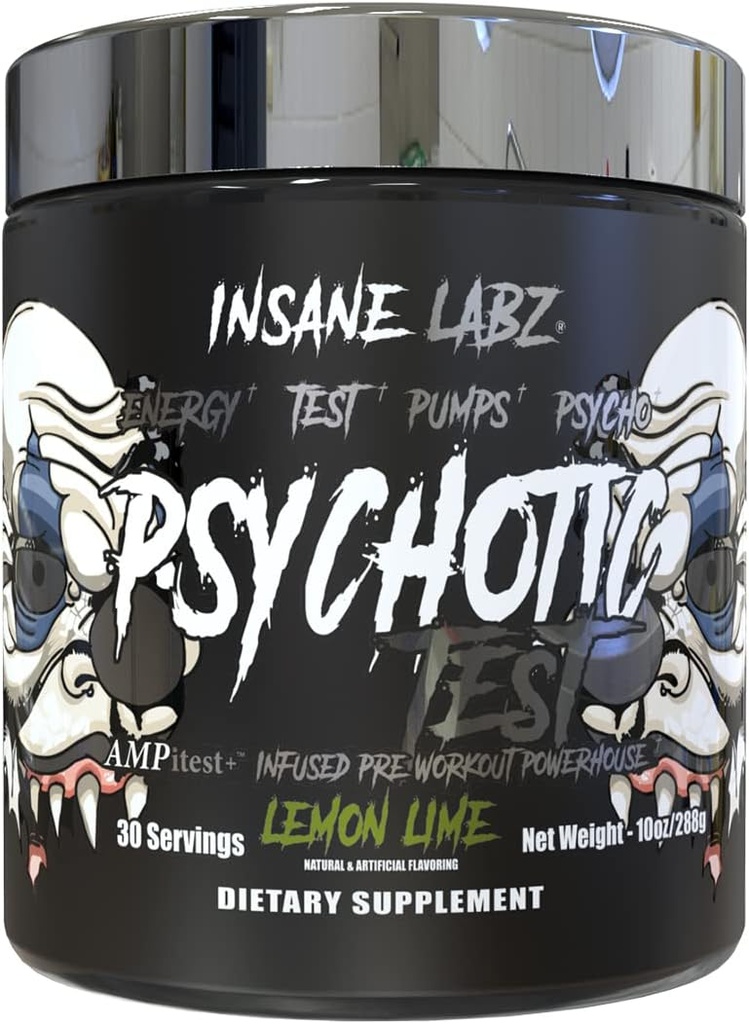 Prueba Psicótica Insane Labz, Energía de Testosterona de Alta Estim y Bomba Boosting Pre-Workout Powder con DMAE Bitartrate, D Aspartic Acid, Creatine HCL y Glycerol Monostearate, 30 Servings, Lemon Lime