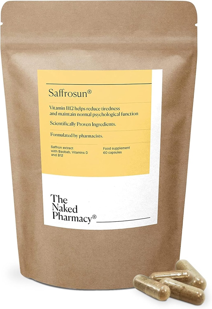 THE NAKED PHARMACY TENIDO Saffrosun TEN natural Saffron Suplementos con Vitamina B12 TEN High Strength ANTE Fatigue " Menopause TEN No Additives ANTE Vegan ANTE 60 Capsules