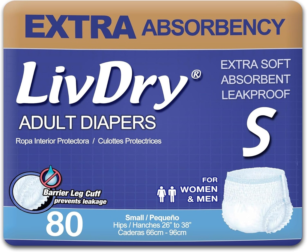 Ropa interior de incontinencia de adultos de LivDry, Diapers de adultos de Absorbencia Extra, Protección de Leak, Pequeña, 80-Pack
