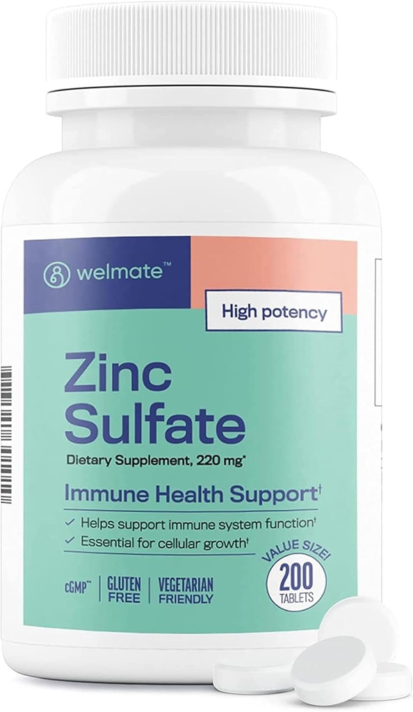 WELMATE Zinc Sulfate 220mg | Dietary Supplement | Immune Health Support | 200 Count Tablets