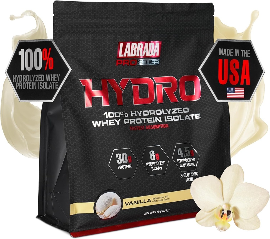 LABRADA Hydro 100% Pure Hydrolyzed Whey Protein Isolate Powder, Lactose Free, Glutamine, Fastest Digesting Whey Available, Instant Mixing, Delicious Taste 48 Servings 4lb (Vanilla)