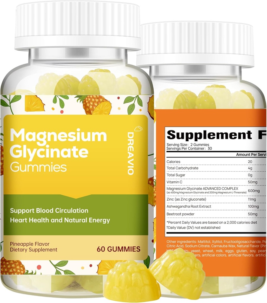 60 Conde Magnesium Glycinate Gummies 400mg w/Ashwagandha Suplemento - Sugar Free Zinc Magnesium Glycinate Suplemento Ashwagandha Gummies for Adults Pineapple Flavor