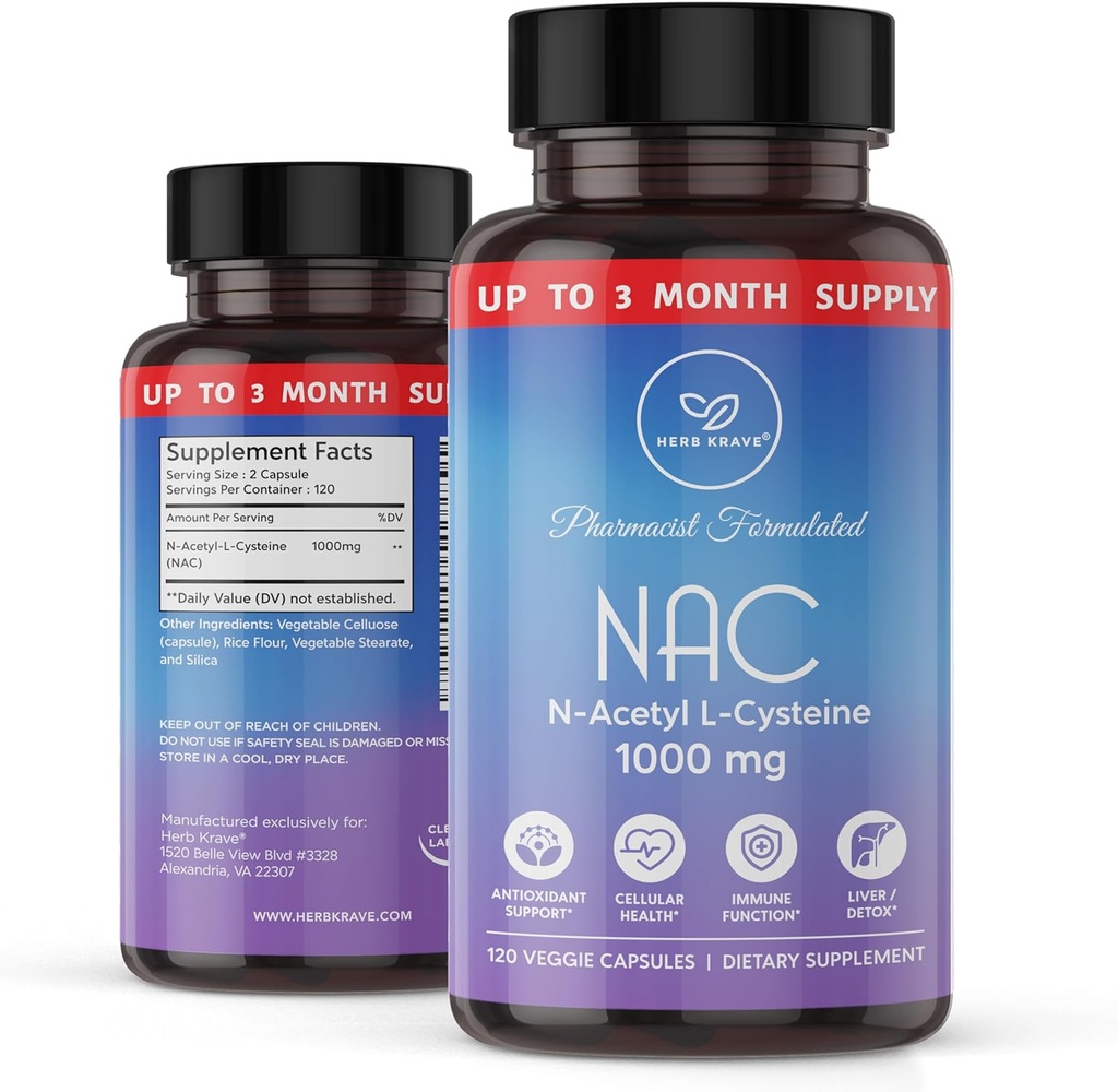 NAC Suplemento N-Acetyl Cysteine 1000 mg, Amino Acid, Antioxidante natural, Apoyo al hígado, pulmón, sistema inmunológico, fertilidad TEN 120 N-Acetyl-L-Cysteine Capsule
