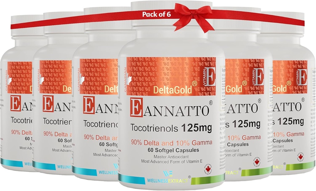 WELLNESS EXTRACT Eannatto Tocotrienols Deltagold 125mg, Vitamin E Tocotrienols Suplementos 60 Softgel, Tocopherol Free, Non-GMO, Gluten Free & Antioxidant (Pack of 6)