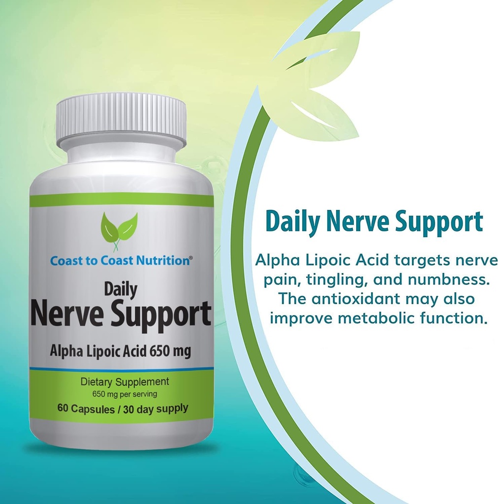 Soporte Nerve - Alivio Nerve avanzado con ácido lipoico alfa 650 mg - Vitaminas Nerve para la grasa de las manos, las piernas y los dolores de pie - 60 cápsulas / 30 Day Supply