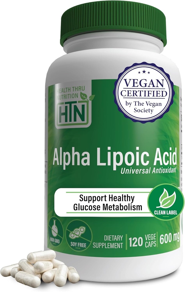 Salud Thru Nutrition Alfa Lipoic Acid 600mg 120 Servings ← Certified Vegan ← Universal Antioxidante Silencio No-GMO, 3er Parte Tested, Hypoallergenic, Gluten Free, Soy Free ALA Capsules