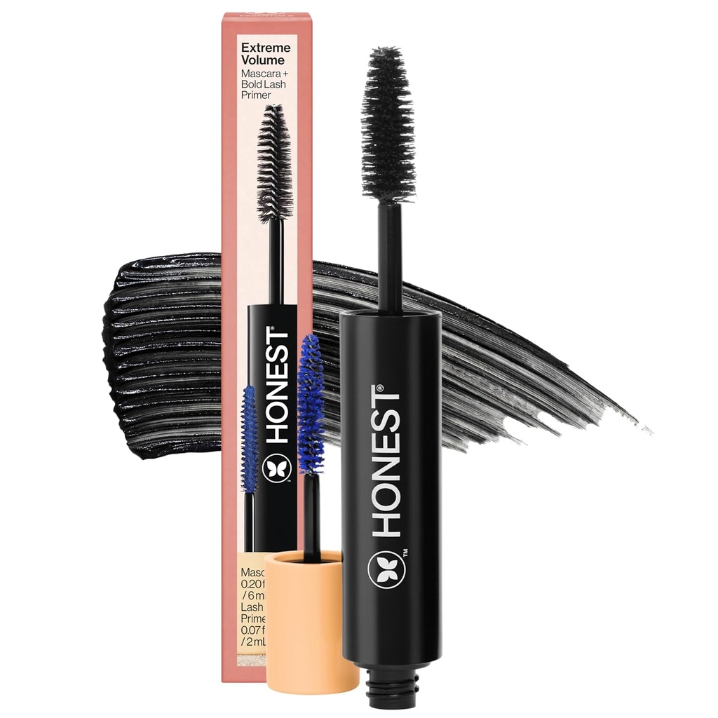 Honest Beauty 2-in-1 Extreme Volume Clean Mascara + Bold Lash Primer con Castor Oil ← Máximo Volumen + Curl ← Vegan + Seguro para los ojos sensibles ← Negro, .27 fl oz