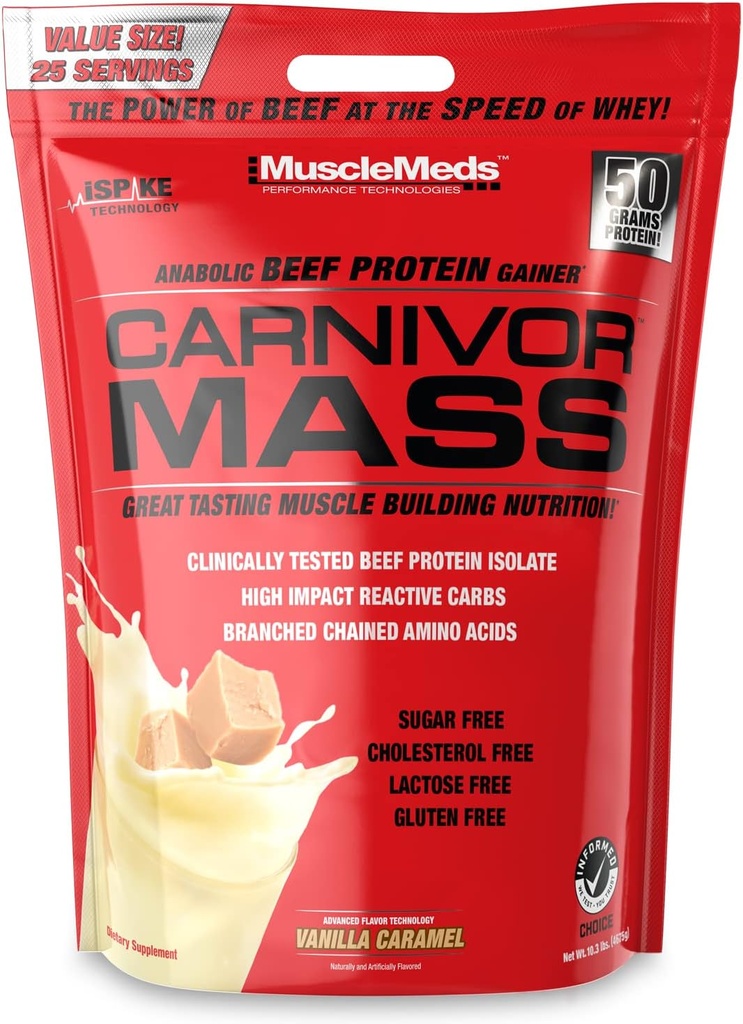 MuscleMeds Carnivor Mass Anabolic Beef Protein Gainer, Vanilla Caramel, 10 Pounds