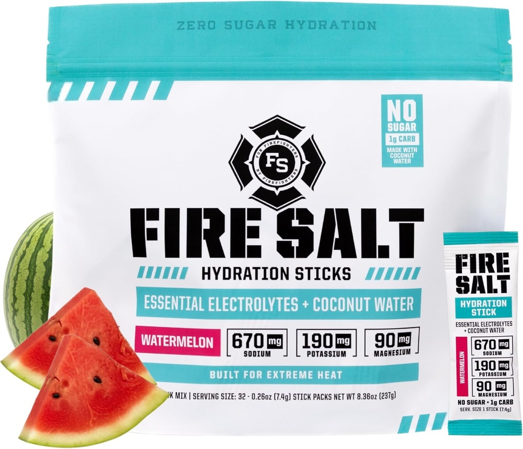 Fire Science Fire Salt Hydration Sticks, Electrolytes & Coconut Water, Hydration Drink Mix with Magnesium, Potassium & Sodium, Zero Sugar, Single Serve On The Go Packs, Watermelon Flavor, 32 Cuenta