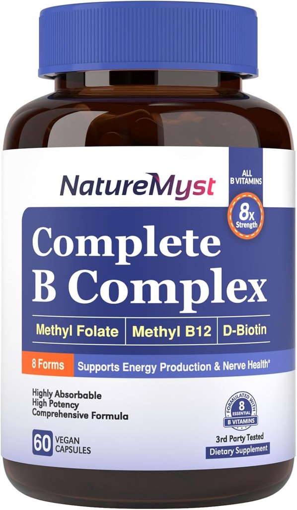 Complejo B completo, Todas las vitaminas 8 B, Metil B12, Folato de metil, Biotina, P-5-P, Altamente Absorbable, Producción de energía, 60 cápsulas veganos