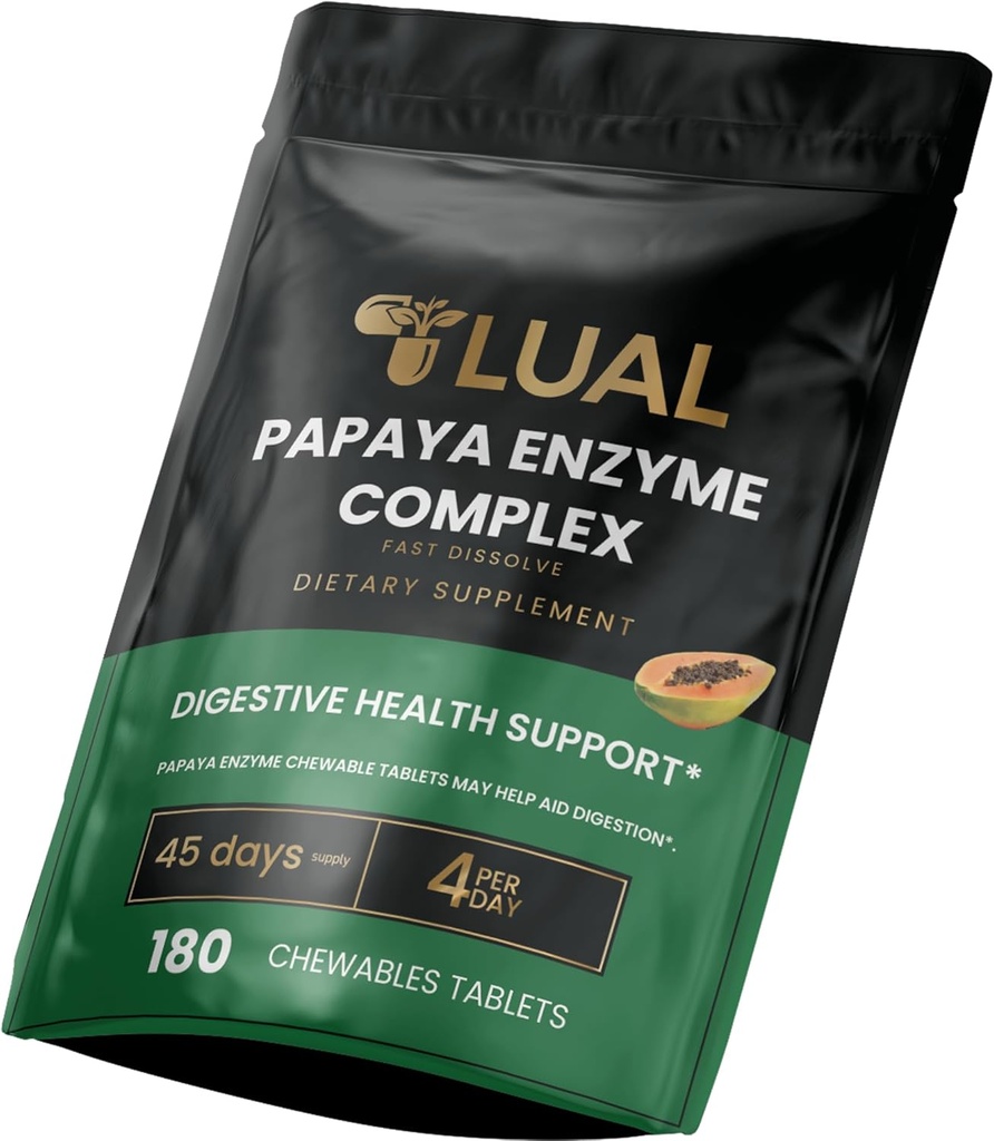 Complejo de Enzima de Papaya LUAL – Tablas con Papain, Bromelain " Enzymes Digestivos – Apoya la Absorción de Nutrientes – Natural Papaya Flavor – 180 Conde