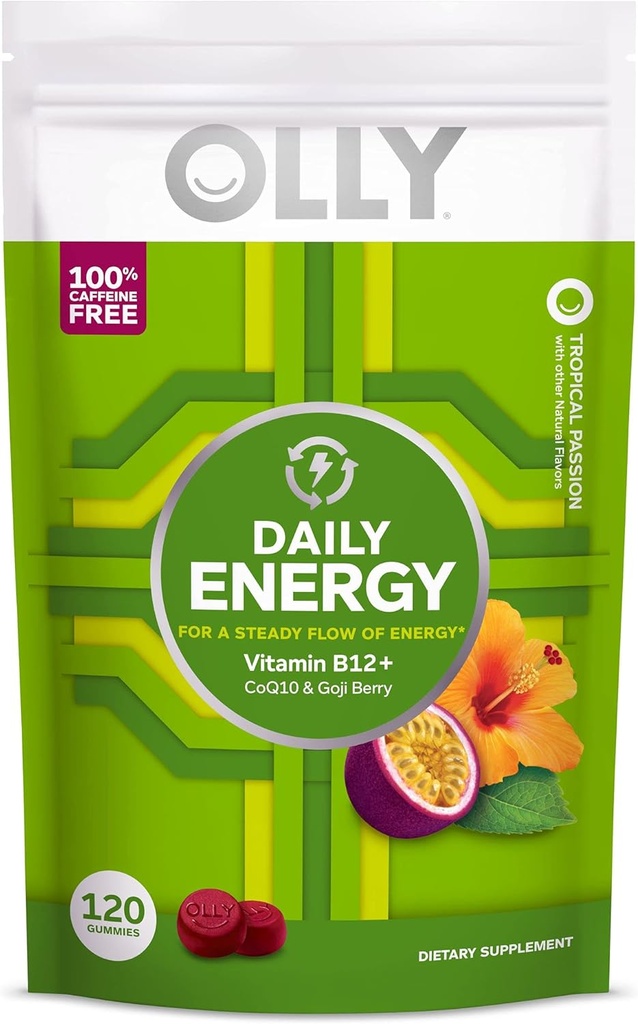 OLLY Daily Energy Gummy, Caffeine Free, Vitamina B12, CoQ10, Goji Berry, Adult Chewable Suplemento, Tropical Flavor - 120 Conde Pouch
