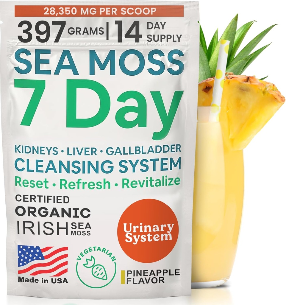 Atlantic Naturals Sea Moss 7 Day Detox Liver, Gallbladder & Kidney Cleanse - Soporte con Dandelion Root, Milk Thistle, Burdock Root, Red Clover, Chanca Piedra - Pineapple Flavor Drink Mix (14 oz)