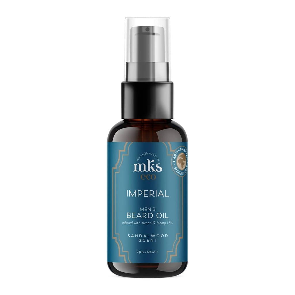 MKS eco para Hombres Imperial Beard Oil, Sandalwood Scent - 2 fl oz - Calms & Controls Facial Hair, Adds Shine, Moisturizes Skin - With Hemp Seed Oil & Argan Oil - Vegan, Cruelty Free