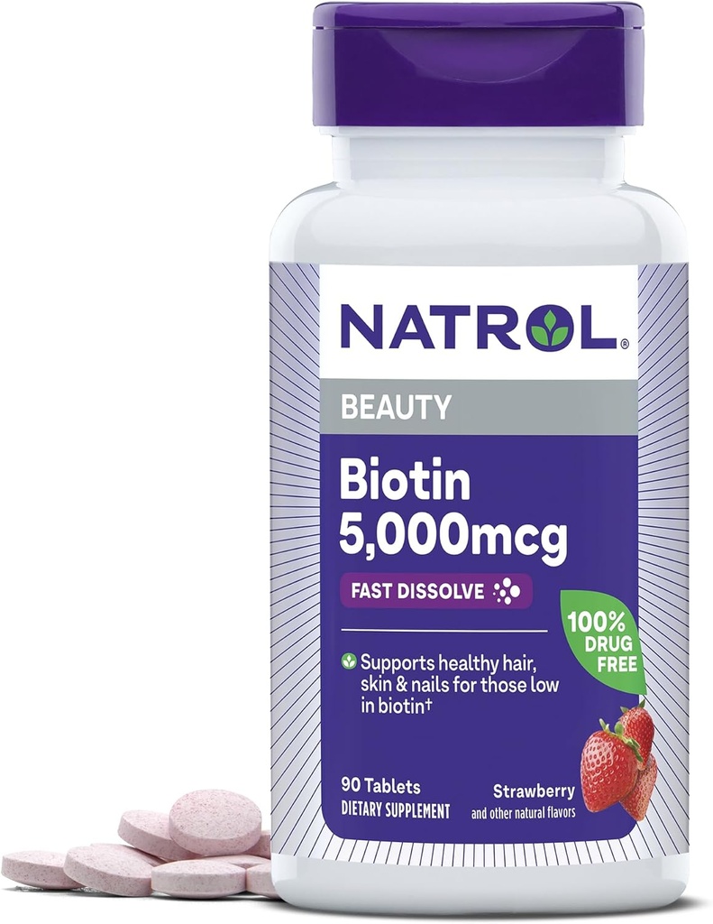 Natrol Beauty Biotin 5000mcg, Suplemento dietético para el cabello sano, la piel, las uñas y el metabolismo energético, 90 tablas de disuelve rápido sabor a fresa, 90 Day Supply