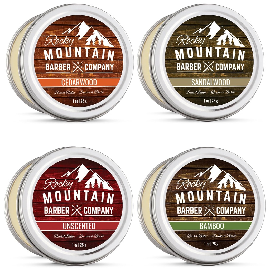 Beard Balm Variety Pack - 4 muestras naturales (1 oz cada una) con aceite de argán, manteca de vacuno, aceite de coco &amp; aceite de Jojoba - rico en vitaminas &amp; minerales