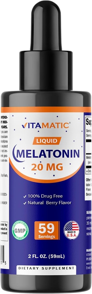 Vitamatic Melatonin 20mg Liquid Drops – 2 Fluid Ounce (59ml) – Natural Berry Flavor – for Adults – Non-GMO – Vegetarian Supplement