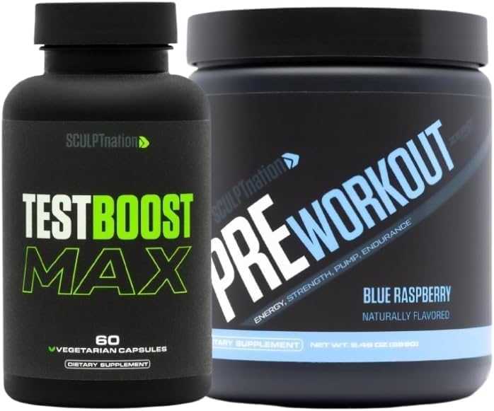 Sculpt Nation by V Shred Test Boost Max y Pre Workout Blue Raspberry Powder Bundle