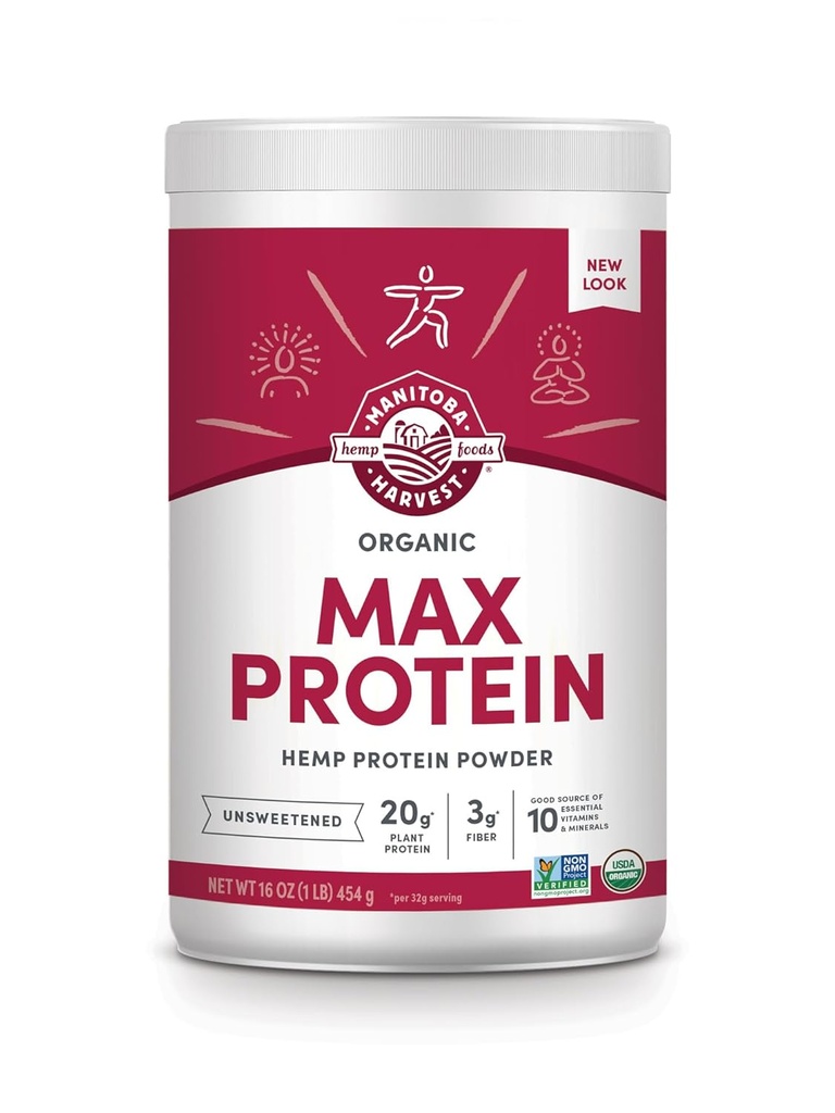 Manitoba cosecha cáñamo Sí Orgánica Max Protein Polvo, Inalterado, 16oz, con 20g Proteína y 4.5g Omegas 3/36 por Serving, Keto-Friendly, Libre Preservador, No GMO, Embalaje Mayo Vary