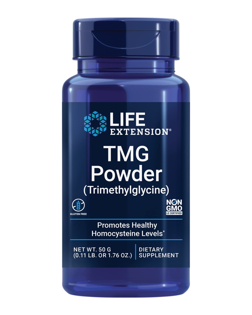 Extensión de vida TMG Powder – Trimetilglicina – Ayuda a mantener niveles normales de homocisteína, salud cardíaca – libre de gluten, no-GMO, vegetariano – Net Wt. 50 g (0.11 lb. o 1.76 oz.)