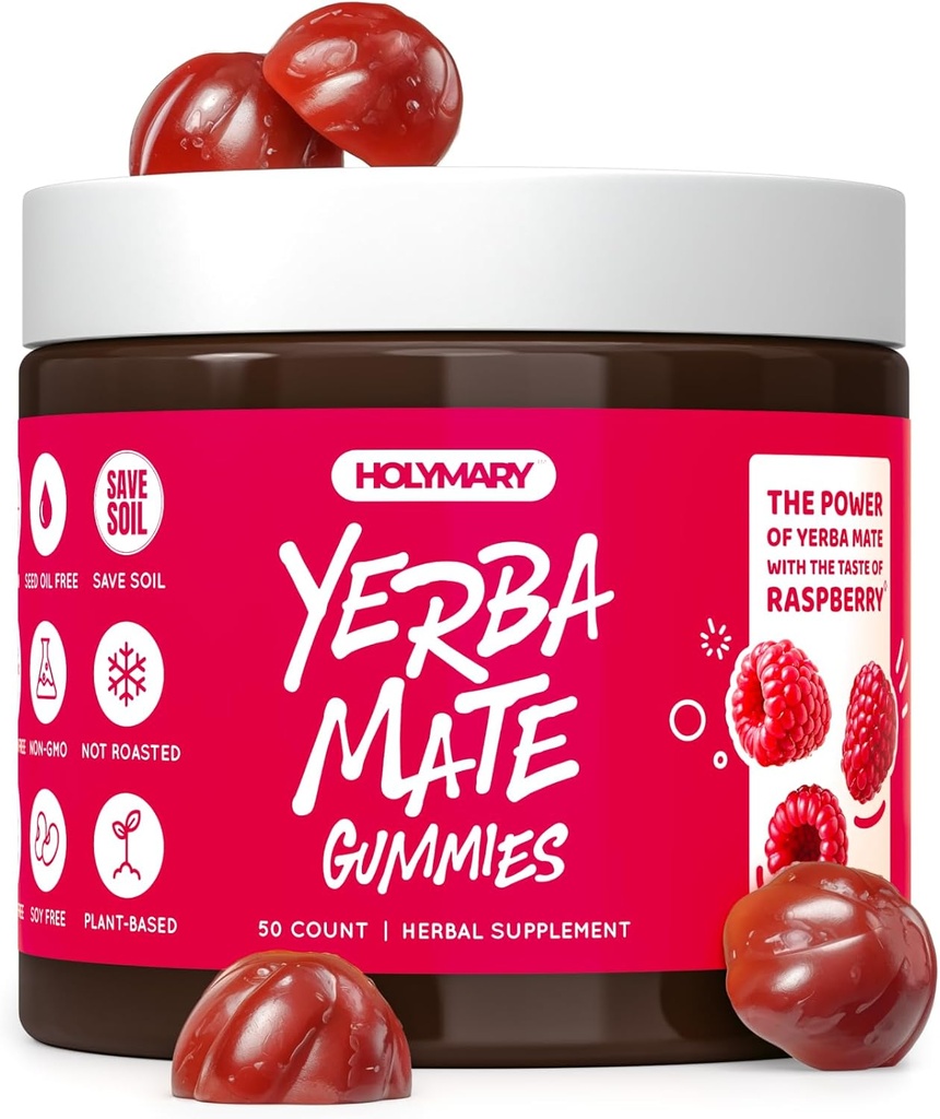 HOLYMARY Yerba Mate Gummies, Raspberry Flavor - Energy, Focus, Power Vegan, Non-GMO, Natural Ingredients, Gluten Free, 50 Delicious Suplemento Gummies