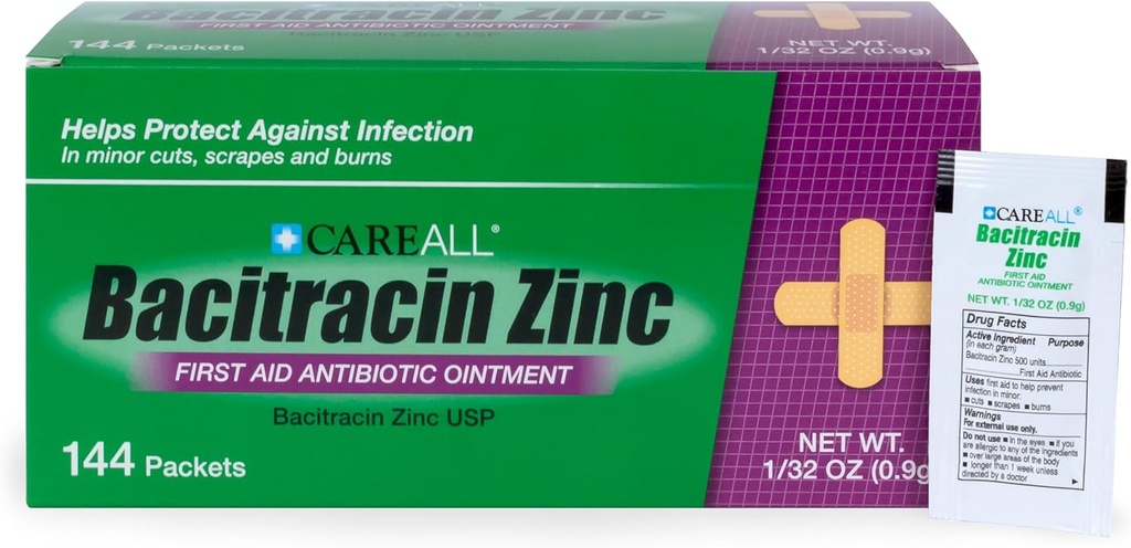 CareAll Bacitracin Antibiotic Zinc Ointment (144 Pack), 0.9gr Foil Packet. Ungüento de primeros auxilios que previene las infecciones por cortes menores, raspas y quemaduras