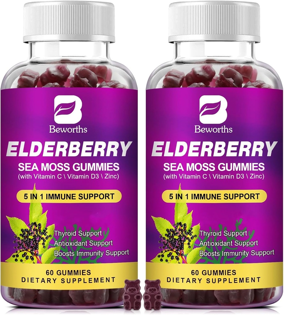 (2 Pack Elderberry Gummies & Irish Sea Moss, Organic Sambucus Elderberry Gummy con Seamoss, Zinc, Vitamina C, D3, Multivitamin Elderberry Vitaminas - Libre de azúcar
