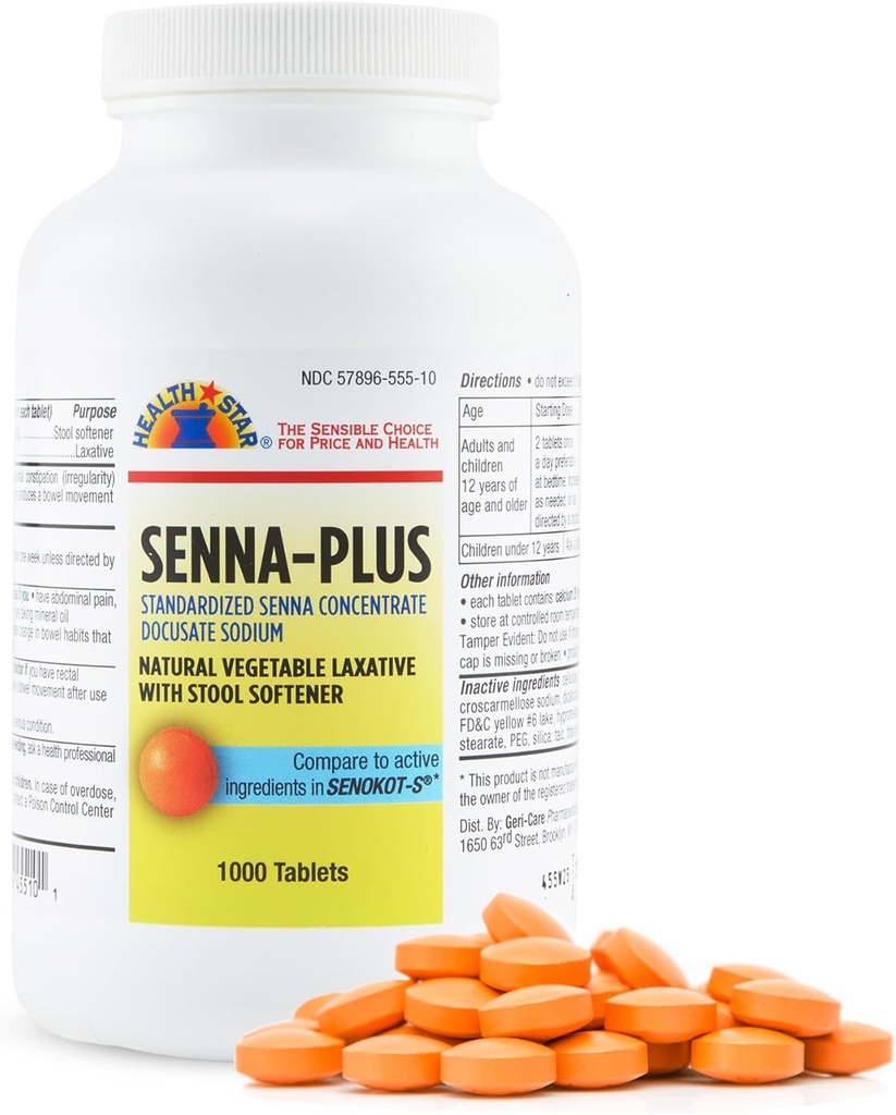Health Star Senna Plus Laxative & Stool Softener Tablets 50mg / 8.6mg Strength Natural Vegetable Estimulante Laxative Vida Gentle Constipation Alivio Docusate Sodium for Bowel Movement (1,000 Tablets