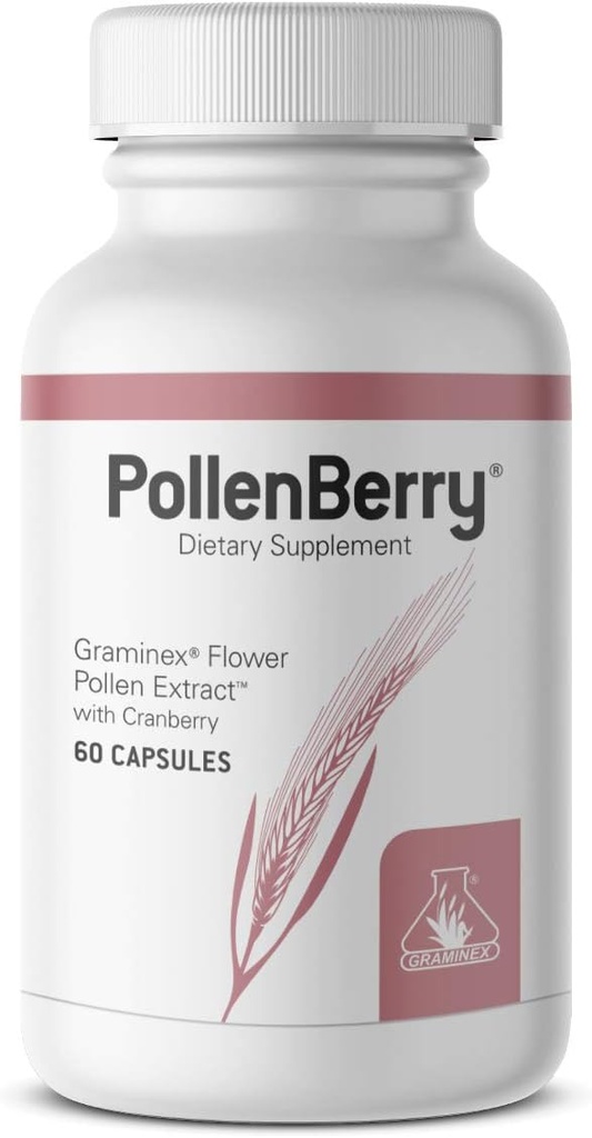 Graminex PollenBerry Dietary Supplement - G60 Concentrated Flower Pollen Extract, Cranberry Powder - Supports Skin, Urinary Tract, and Bladder Health - Natural Antioxidant, 60 Capsules