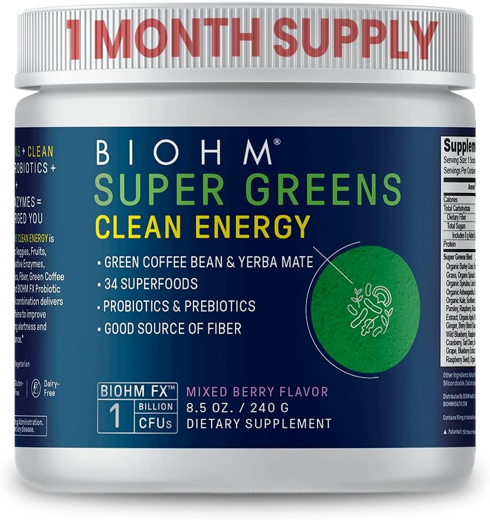 BIOHM Super Greens Clean Energy, Green Superfood Powder (8.5 Oz, 30 Servings) Apoya Gut Health & Cognition, 34 Natural Fruit, Vegetable " Herbal Extracts with Prebiotics, Probiotics " Enzymes