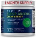 BIOHM Super Greens Clean Energy, Green Superfood Powder (8.5 Oz, 30 Servings) Apoya Gut Health & Cognition, 34 Natural Fruit, Vegetable " Herbal Extracts with Prebiotics, Probiotics " Enzymes