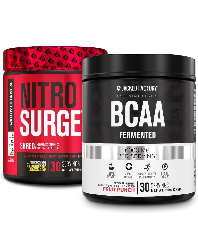 Fábrica Jacked Nitrosurge Shred Thermogenic Pre-Workout en Blueberry Lemonade &amp; BCAA en Fruit Punch para Recomposición Corporal, Construcción del Musculo y Recuperación