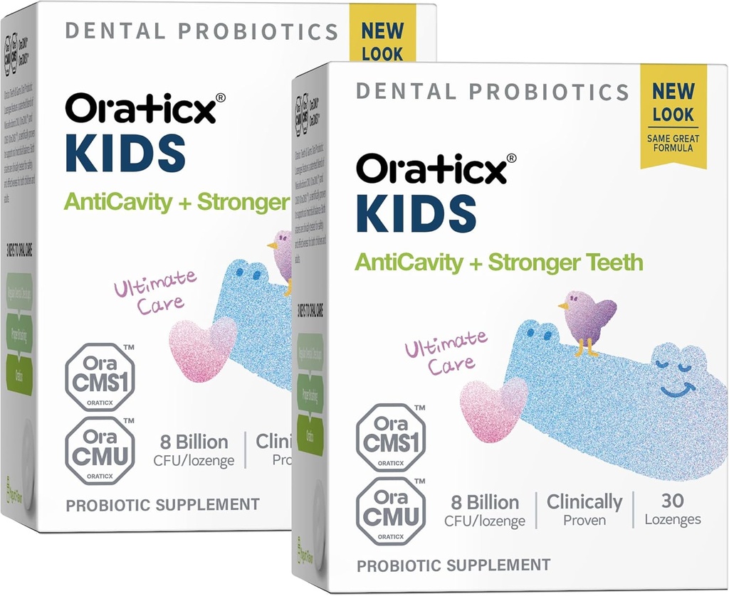 OraTicx Niños Probióticos Dentales para Anti-Cavidad + Dientes y Gumas Saludables, 8 Billones CFU Probióticos para la Salud Oral, Yogurt Flavor 2-Pack