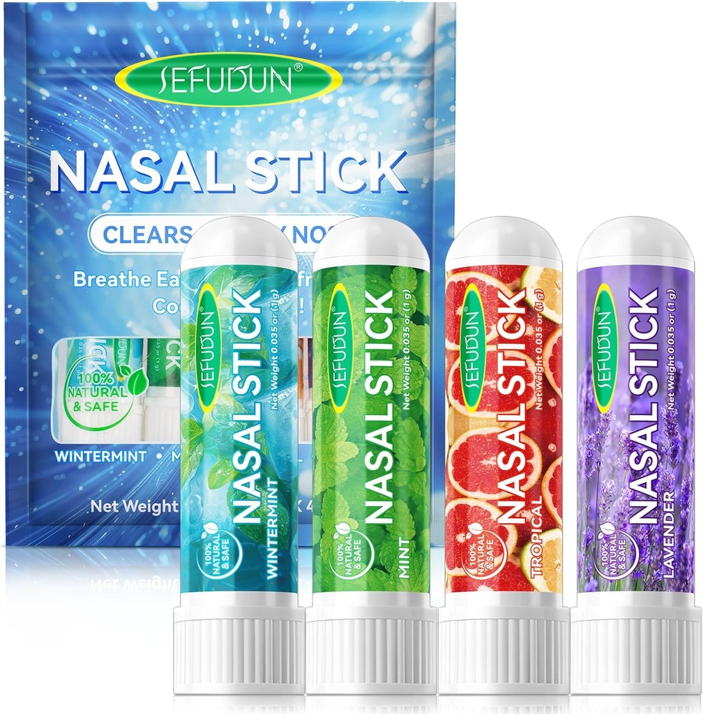 4PCS Nasal Stick,Nasal Inhaler Stick,Inhaler Nasal Stick for Sinus Relief curvatigo Relief,Aromatherapy Inhaler Fabricado con Aceites Esenciales+Menthol (Mint,Wintermint,Tropical,Lavanda)