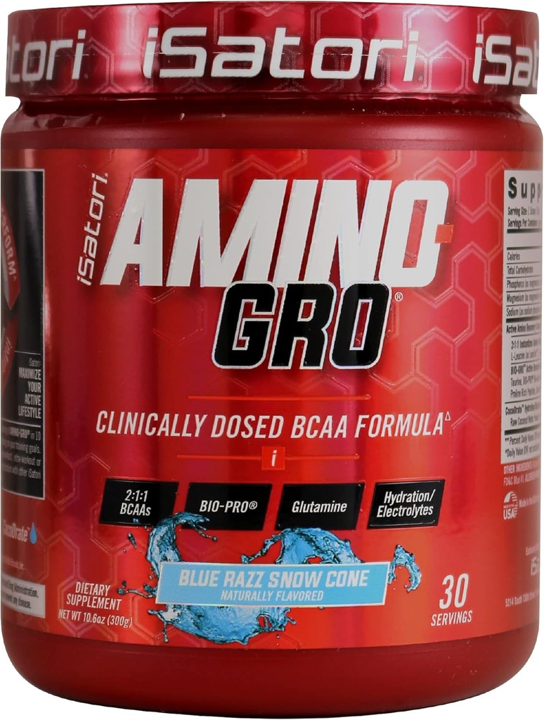 iSatori Amino-GRO BCAA Powder, Aminoácidos de cadena ramificados con Glutamina, Polvo de electrolito " Bio-GRO Péptidos activos para el crecimiento muscular " Recuperación de Post Workout, Blue Razz Snow Cone (30 servidos)